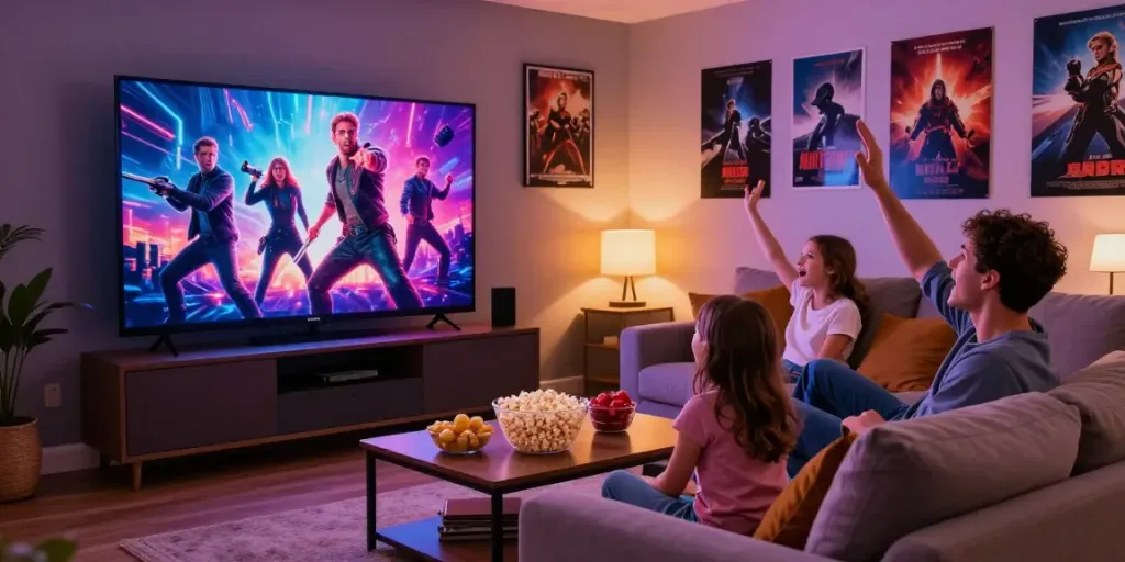Famille profitant de l'application Atlas Pro pour regarder un film en 4K à la maison.