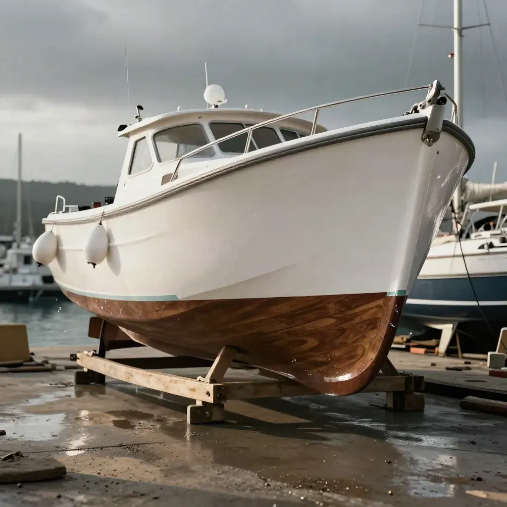 Vedette blanche à demi sortie d’eau sur ber, cales et pare-battage, vue basse dynamique.