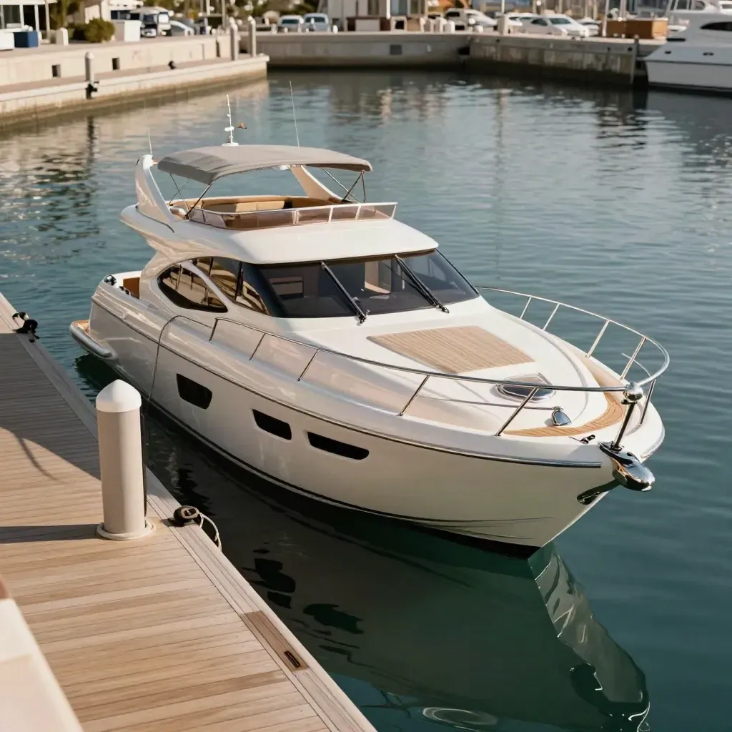 Yacht à moteur récent glissant à l’amarrage devant une cale privée.