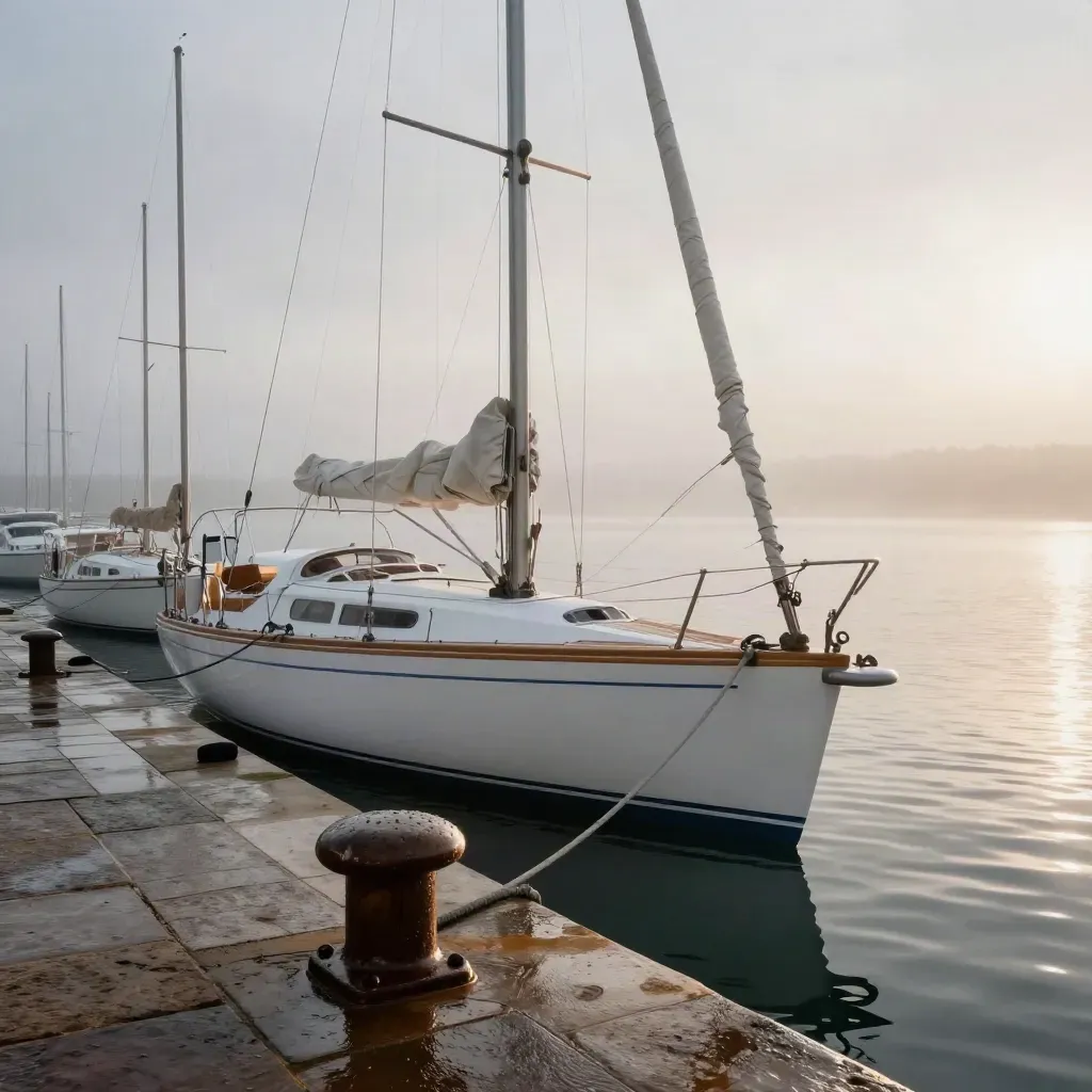 Voilier blanc neuf à quai dans une marina française, lumière de l’aube et brume marine