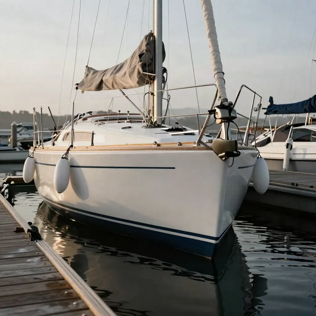 Voilier amarré au ponton, coque blanche et bande sombre, amarres tendues au soleil.