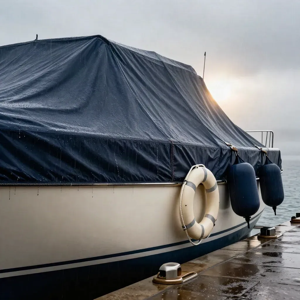 Bateau de plaisance sous housse marine, bouée et pare-battage sur quai mouillé sous la pluie.