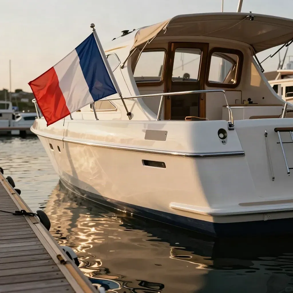 Arrière d’un bateau de plaisance quittant le ponton, drapeau français et coque blanche.