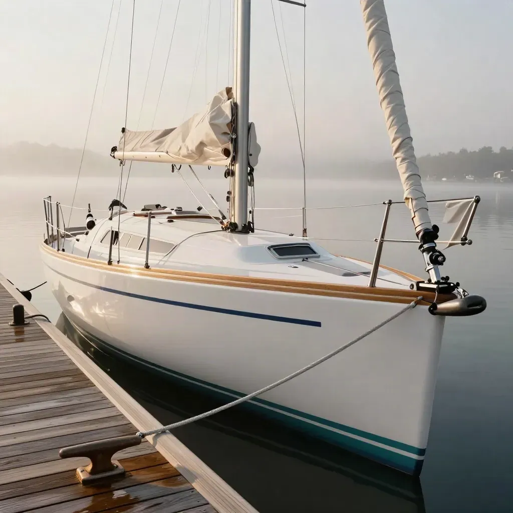 Voilier blanc amarré au ponton dans la brume matinale, avec détails en teck et inox.