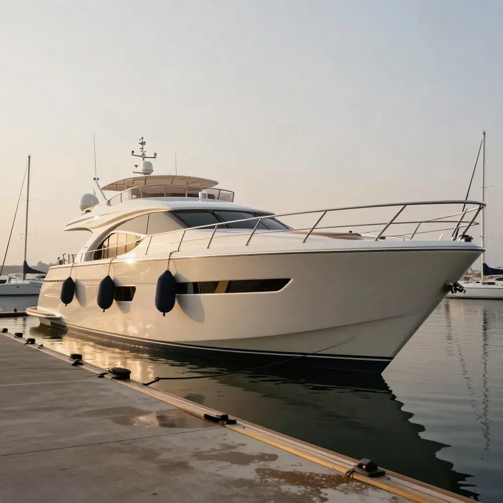 Grand yacht crème au port privé, fenders posés, eau calme, lumière dorée.
