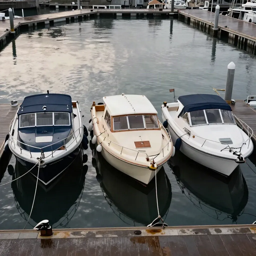 Trois bateaux amarrés côte à côte dans une marina, vus en hauteur après la pluie.