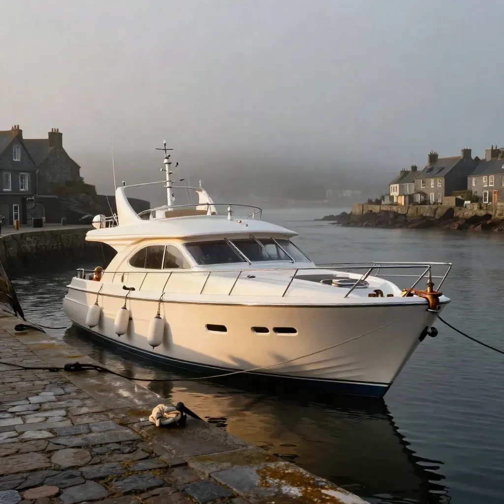 Bateau de croisière blanc amarré en Bretagne, port de pierre, falaises d’ardoise au loin.