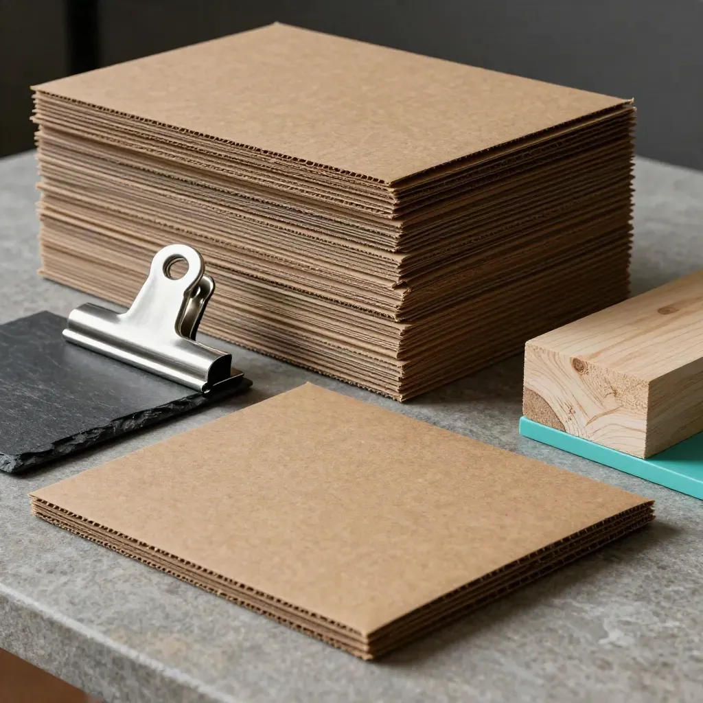 Étuis cartonnés, clips inox, ardoise et bois brut sur une surface marine.