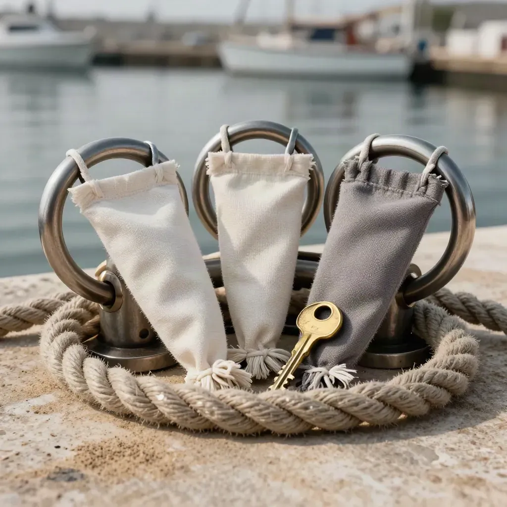 Anneaux de mouillage, clé de bateau et fanions marins sur une dalle claire.