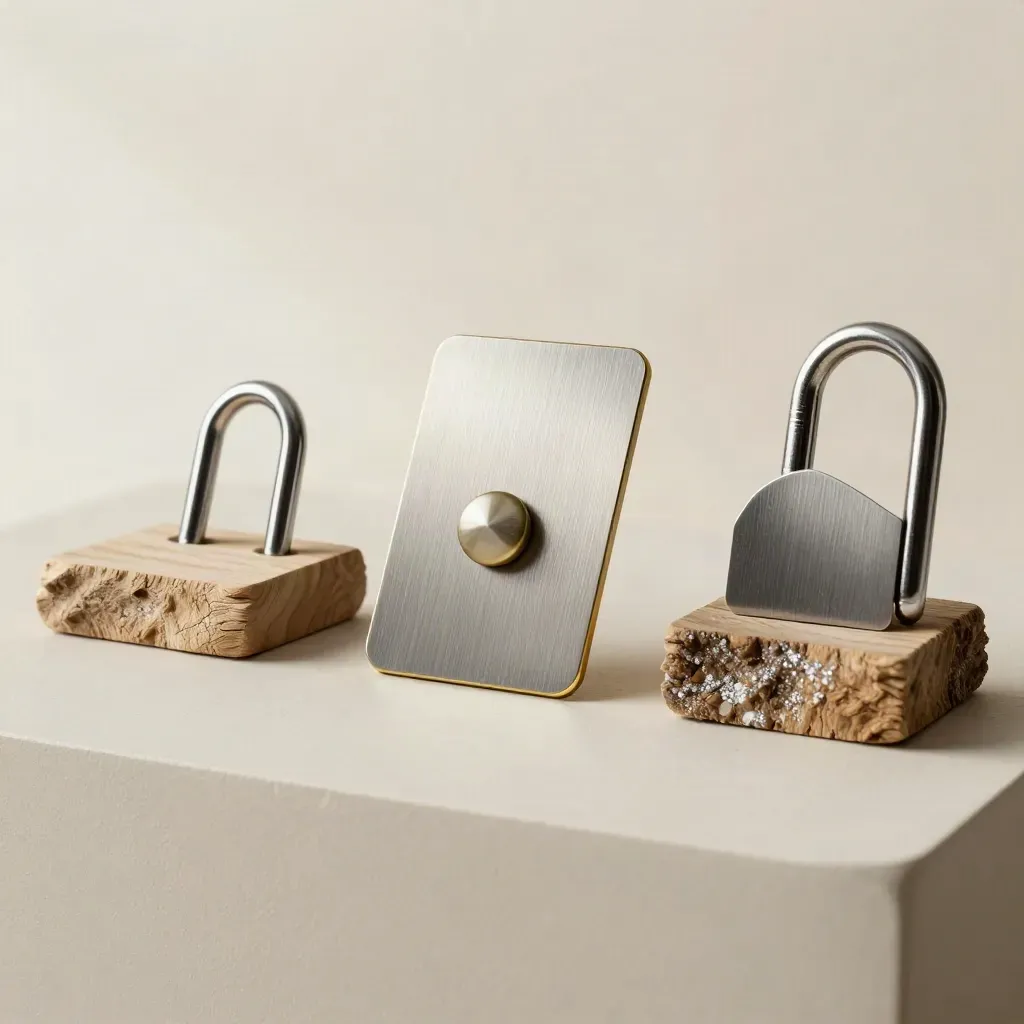 Cartes métalliques, taquet, attache inox et bois flotté sur un socle en plâtre clair.