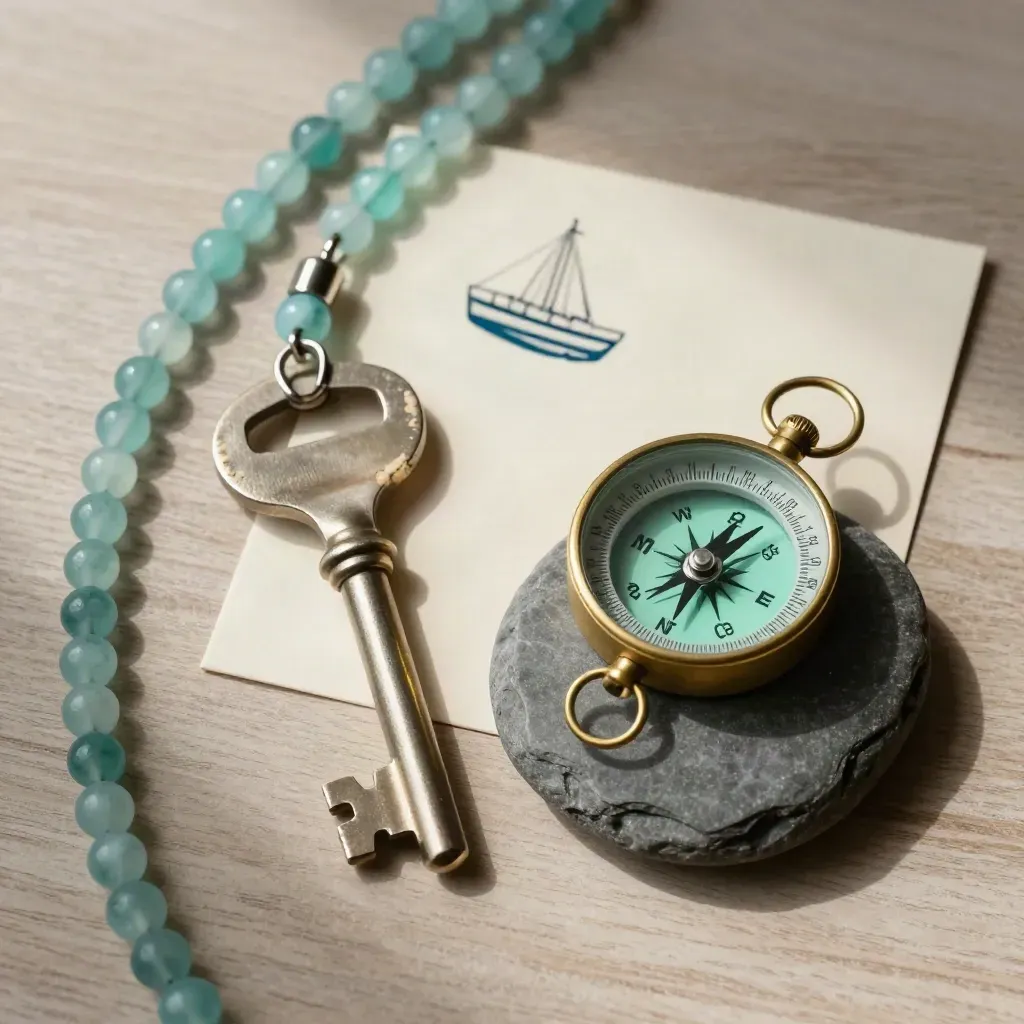 Vue zénithale d’une clef marine, d’une mini coque, d’une boussole et d’un galet sur bois clair.