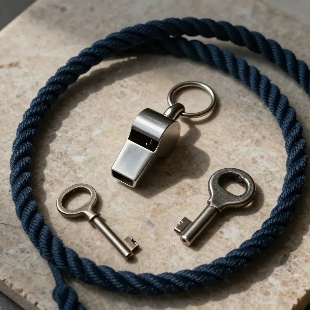 Flatlay nautique d’une corde, d’un sifflet, d’un anneau inox, d’une clef et d’un mini-taquet.