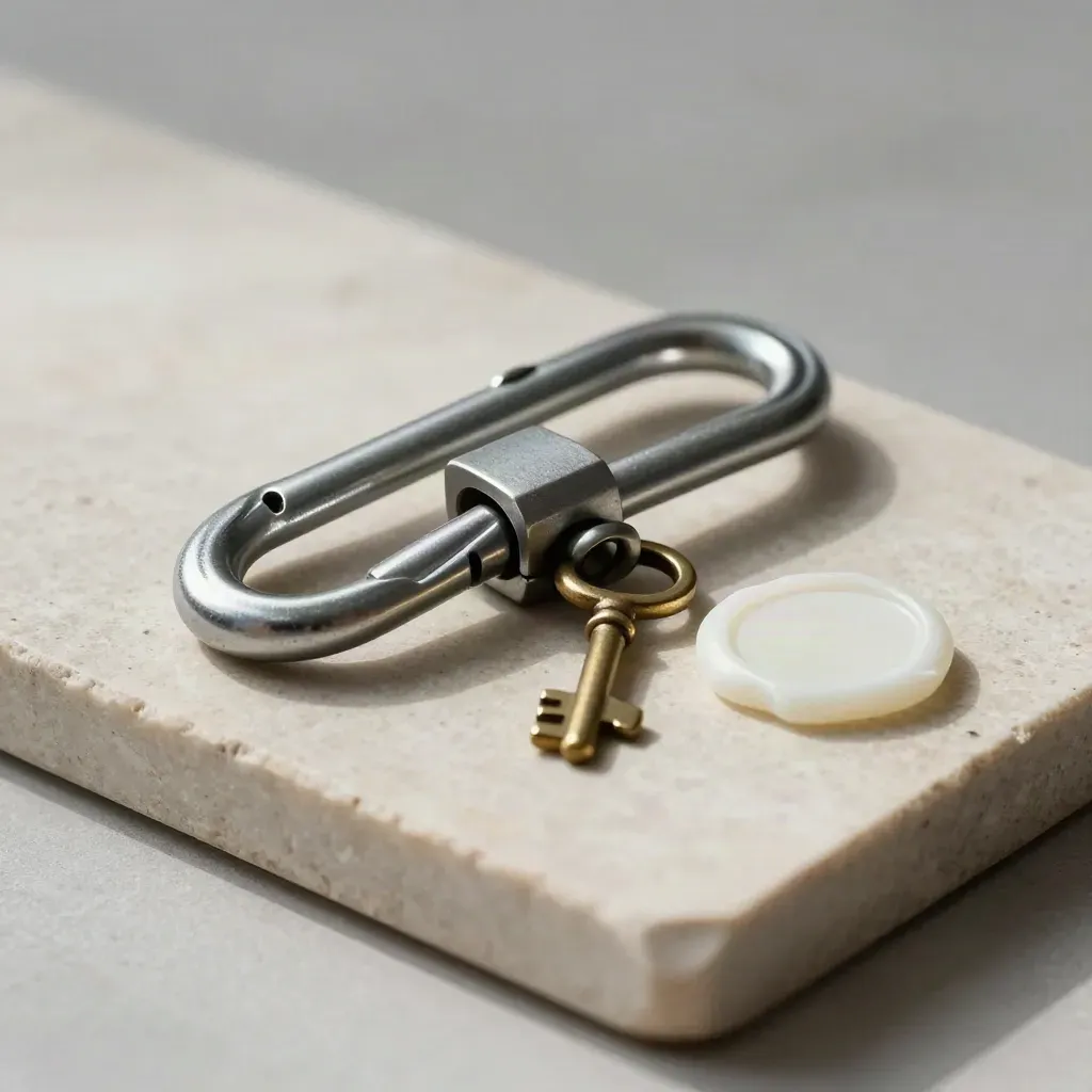 Taquet marin fermé, mousqueton, clef et sceau de cire blanc sur pierre claire.