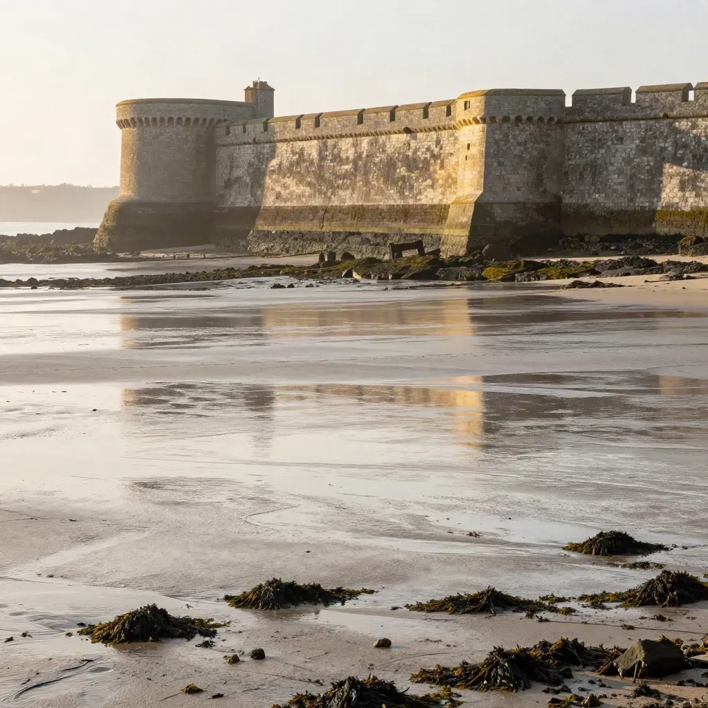 Remparts de Saint-Malo au bord de l’eau, brume dorée et pierre humide au soleil.