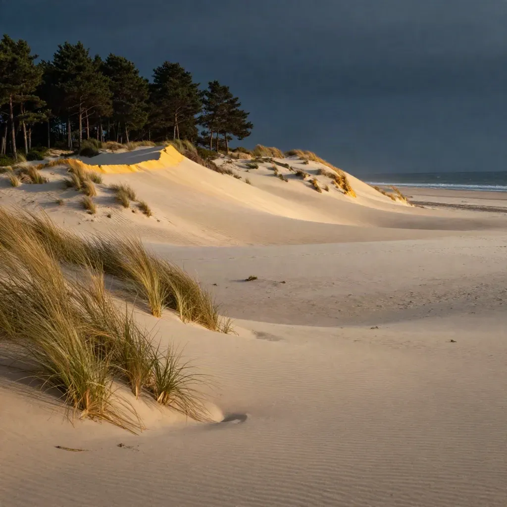Dune du Pilat au coucher du soleil, pins maritimes et plage calme sous une légère brume.