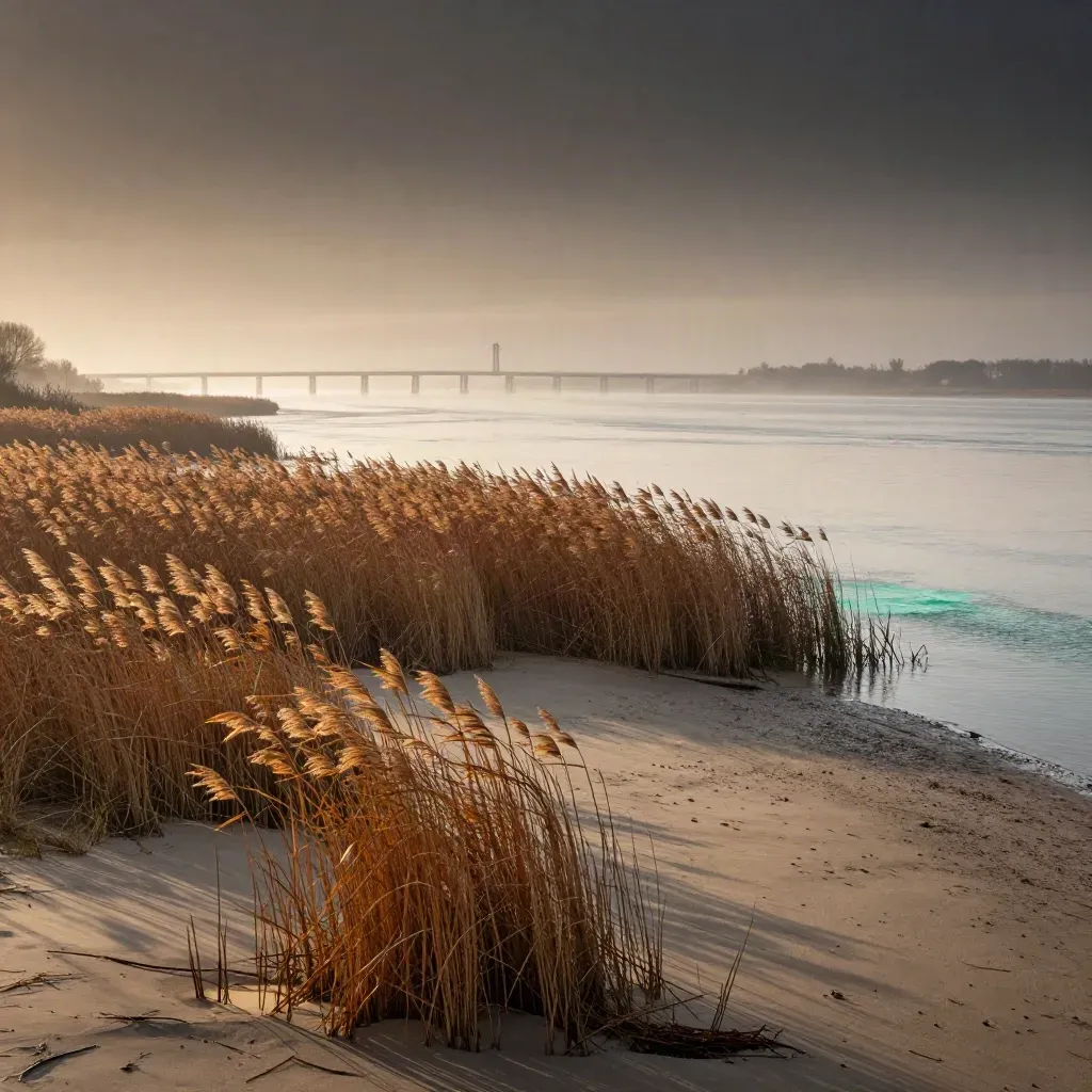 Estuaire de la Loire au lever du soleil, roselières, bancs de sable et brume dorée.