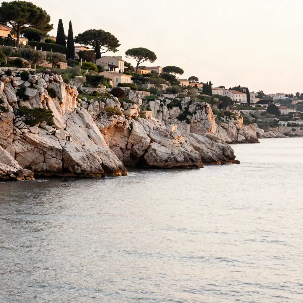 Baie de la Côte d’Azur, caps calcaires, villas pastel lointaines et mer immobile.