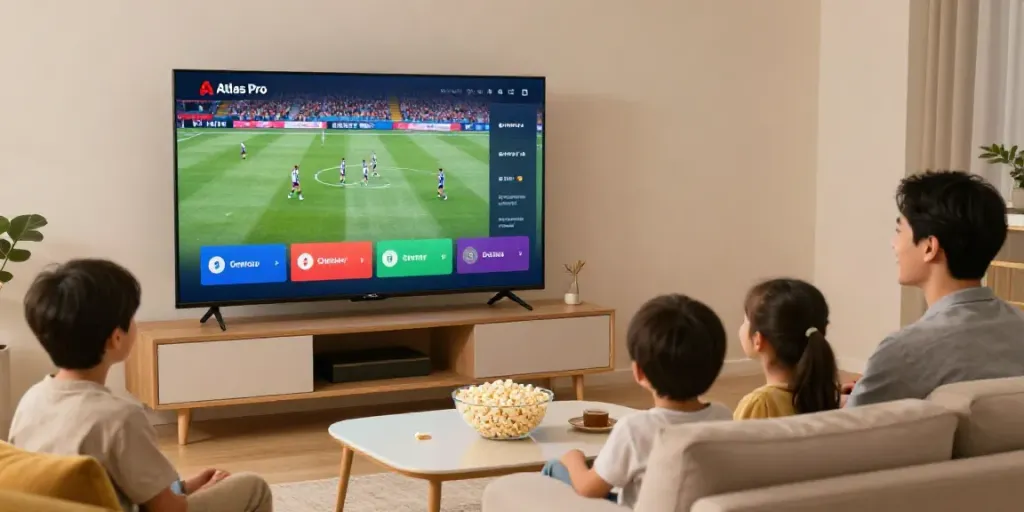 Une famille utilisant l'application Atlas Pro ONTV sur leur smart TV dans un salon moderne, ambiance chaleureuse.