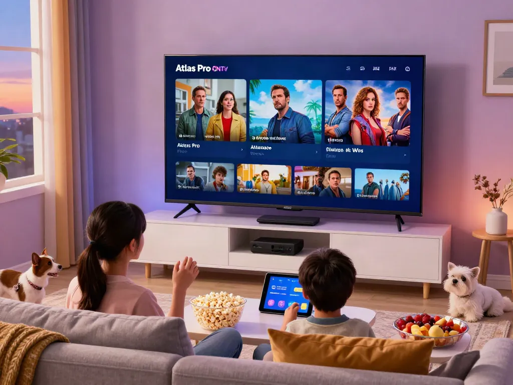 Famille regardant des chaînes avec atlas pro sur leur télévision intelligente, ambiance chaleureuse.